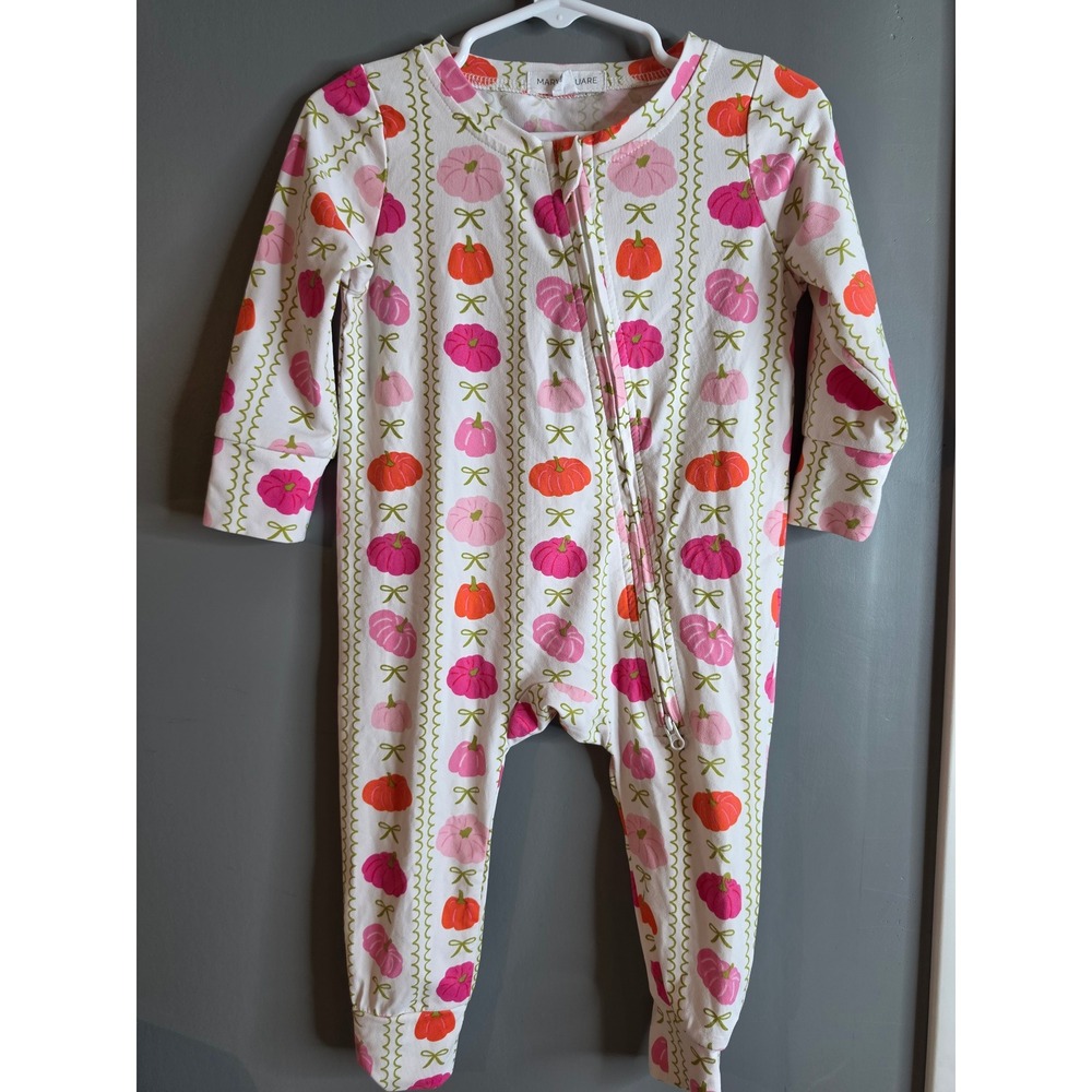 Mary Square Baby Girls Pink Orange Pumpkin Bow Print Zipper Sleeper 6-12 Months
